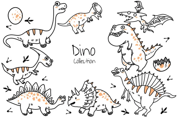 Ένα Σετ Χαριτωμένων Δεινοσαύρων Εικονογράφηση Διάνυσμα Στο Χέρι Doodle Σχέδιο — Διανυσματικό Αρχείο