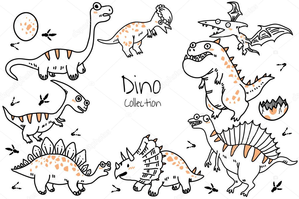 Set of cute cartoon dinosaurs. Vector illustration in doodle hand drawn style for printing on fabric, Wallpaper, dishes, postcard, picture, bedding, children's products