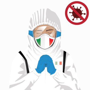 Covid-19 veya Coronavirus konsepti. İtalyan sağlık personeli koruyucu giysiler içinde maske takıyor ve İtalya 'da Covid-19 virüsü salgınına karşı dua ediyor. Itlian erkeği ve İtalya bayrağı. Salgın Korona Virüsü