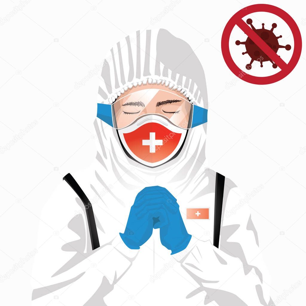Covid-19 or Coronavirus concept. Swiss medical staff wearing mask in protective clothing and praying for against Covid-19 virus outbreak in Switzerland. Swiss man and Switzerland flag. Epidemic corona virus
