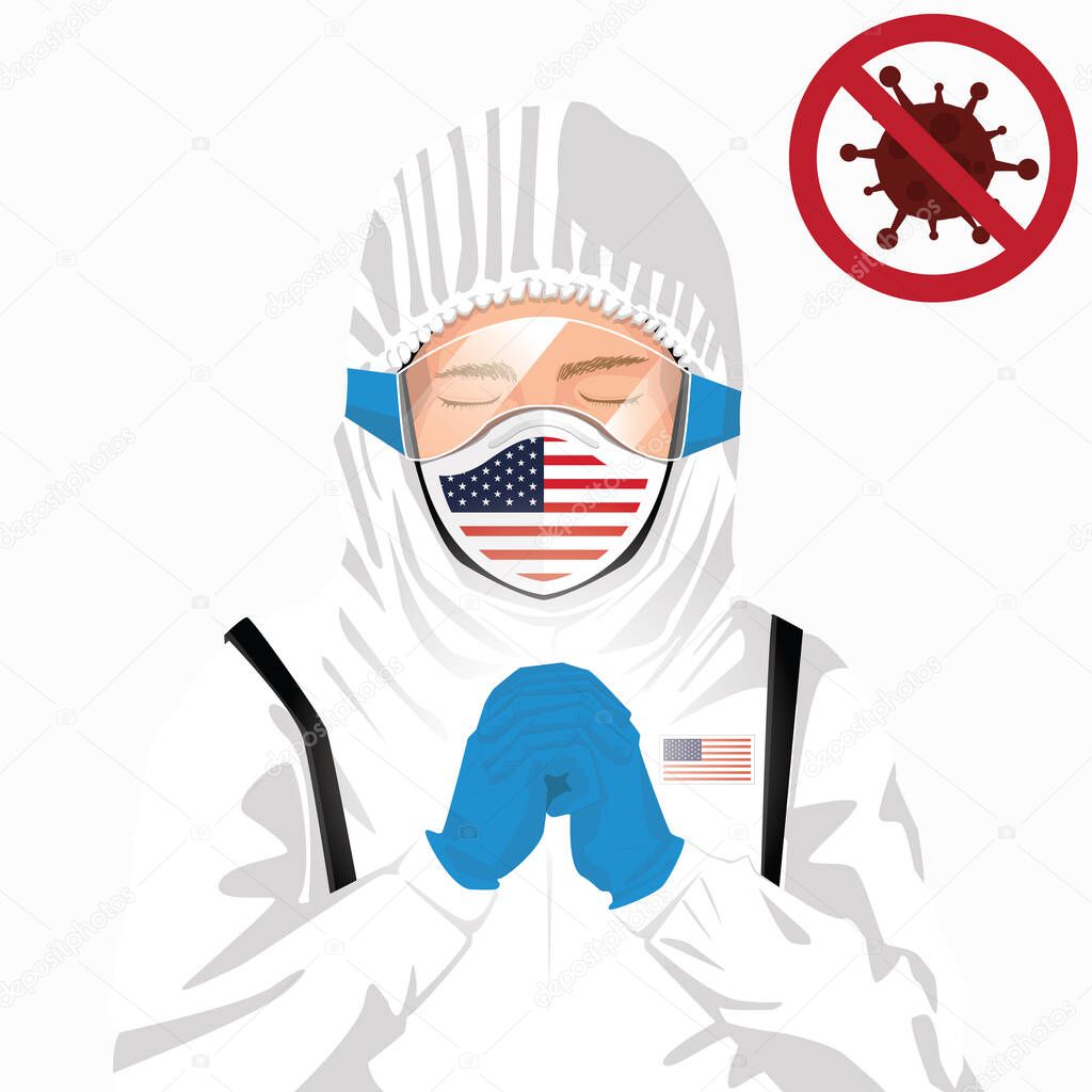 Covid-19 or Coronavirus concept. American medical staff wearing mask in protective clothing and praying for against Covid-19 virus outbreak in United States. American man and USA flag. Epidemic corona virus
