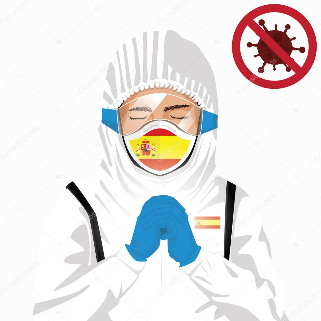 Covid-19 or Coronavirus concept. Spanish medical staff wearing mask in protective clothing and praying for against Covid-19 virus outbreak in Spain. Spanish man and Spain flag. Epidemic corona virus