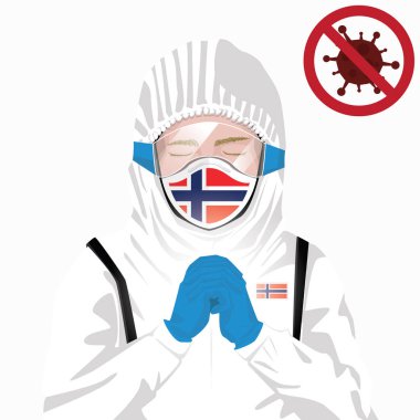 Covid-19 veya Coronavirus konsepti. Norveç sağlık personeli koruyucu giysiler içinde maske takıyor ve Norveç 'te Covid-19 virüsü salgınına karşı dua ediyor. Norveç adamı ve Norveç bayrağı. Salgın Korona Virüsü