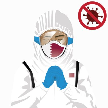 Covid-19 veya Coronavirus konsepti. Koruyucu giysiler içinde maske takan ve Katar 'daki Covid-19 virüs salgınına karşı dua eden Arap sağlık görevlileri. Arap adam ve Katar bayrağı. Salgın Korona Virüsü
