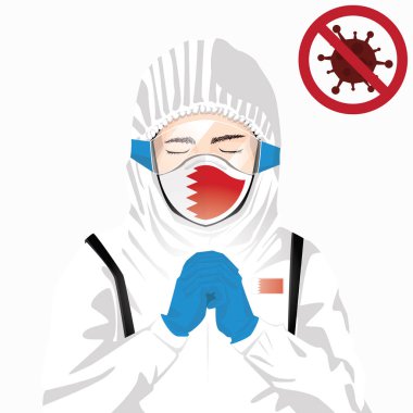 Covid-19 veya Coronavirus konsepti. Bahreyn sağlık personeli koruyucu giysiler içinde maske takıyor ve Bahreyn 'deki Covid-19 virüs salgınına karşı dua ediyor. Bahreyn adamı ve Bahreyn bayrağı. Salgın Korona Virüsü