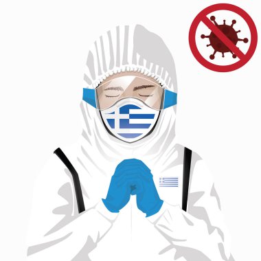 Covid-19 veya Coronavirus konsepti. Yunan sağlık personeli koruyucu giysiler içinde maske takıyor ve Yunanistan 'da Covid-19 virüsü salgınına karşı dua ediyor. Yunan ve Yunan bayrağı. Salgın Korona Virüsü