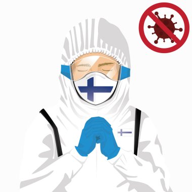 Covid-19 veya Coronavirus konsepti. Finlandiya 'da koruyucu giysiler giyen ve Covid-19 virüsü salgınına karşı dua eden Finlandiya sağlık görevlileri. Finli adam ve Finlandiya bayrağı. Salgın Korona Virüsü