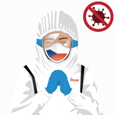 Covid-19 veya Coronavirus konsepti. Çek sağlık personeli koruyucu giysiler içinde maske takıyor ve Çek Cumhuriyeti 'nde Covid-19 virüsü salgınına karşı dua ediyor. Çek adam ve Çek bayrağı. Salgın Korona Virüsü