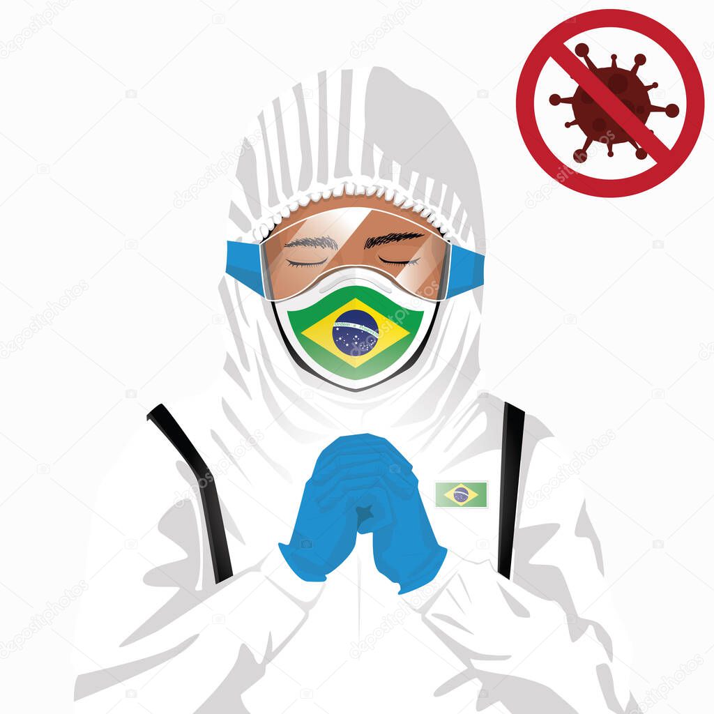 Covid-19 or Coronavirus concept. Brazilian medical staff wearing mask in protective clothing and praying for against Covid-19 virus outbreak in Brazil. Brazilian man and Brazil flag. Epidemic corona virus
