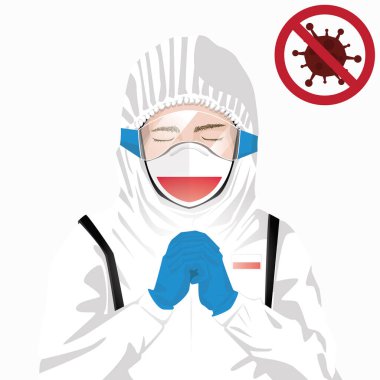 Covid-19 veya Coronavirus konsepti. Polonya sağlık personeli koruyucu giysiler içinde maske takıyor ve Covid-19 virüsüne karşı Polonya 'da dua ediyor. Polonyalı adam ve Polonya bayrağı. Pandemik korona virüsü