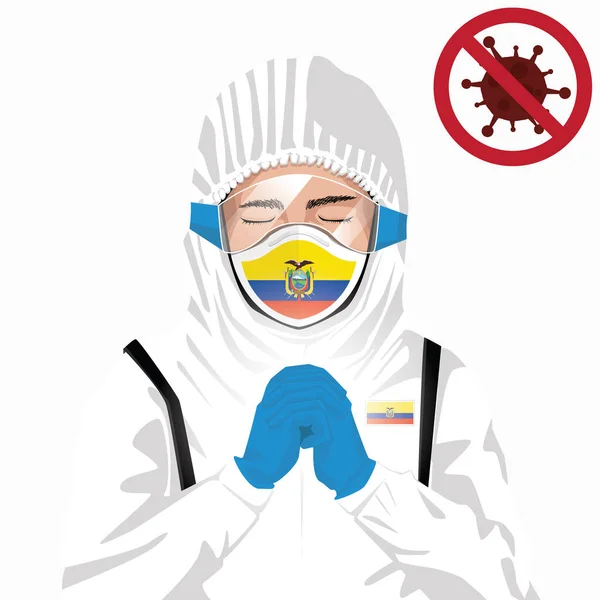 Covid 19またはコロナウイルスの概念 エクアドルの医療スタッフは保護服のマスクを着用し エクアドルで発生したCovid 19ウイルスに対する祈りをしている エクアドルの男とエクアドルの旗 流行性コロナウイルス — ストックベクタ