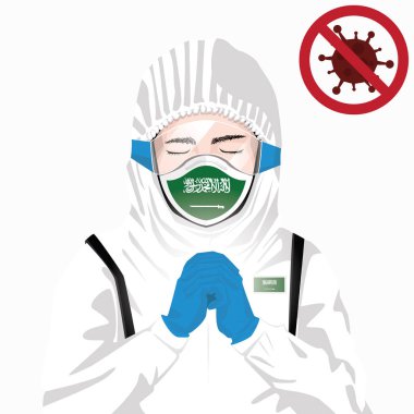 Covid-19 konsepti. Suudi Arabistan sağlık personeli koruyucu giysiler içinde maske takıyor ve Suudi Arabistan 'daki Covid-19 virüs salgınına karşı dua ediyor. Suudi Arabistan adamı ve Suudi Arabistan bayrağı. Pandemik korona virüsü