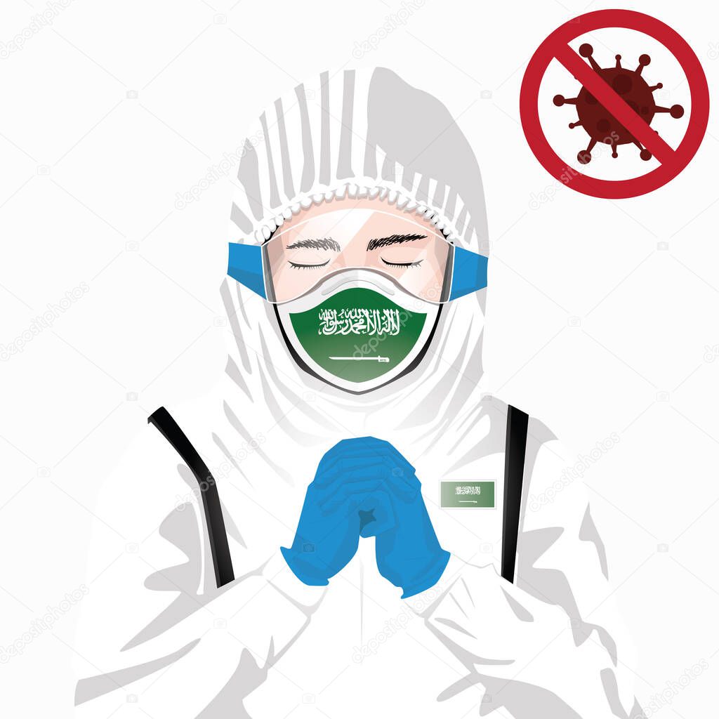 Covid-19 concept. Saudi Arabian medical staff wearing mask in protective clothing and praying for against Covid-19 virus outbreak in Saudi Arabia. Saudi Arabian man and Saudi Arabia flag. Pandemic corona virus