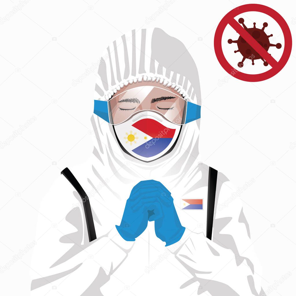 Covid-19 or Coronavirus concept. Filipino medical staff wearing mask in protective clothing and praying for against Covid-19 virus outbreak in Philippines. Filipino man and Philippines flag. Pandemic corona virus