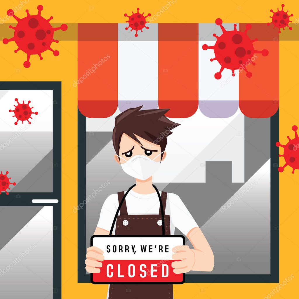 Store shop is closed or bankrupt business concept vector illustration. Effect of corona virus or covid-19 outbreak. Social distancing impact. The sad entrepreneur man hanging closed closed sign shop