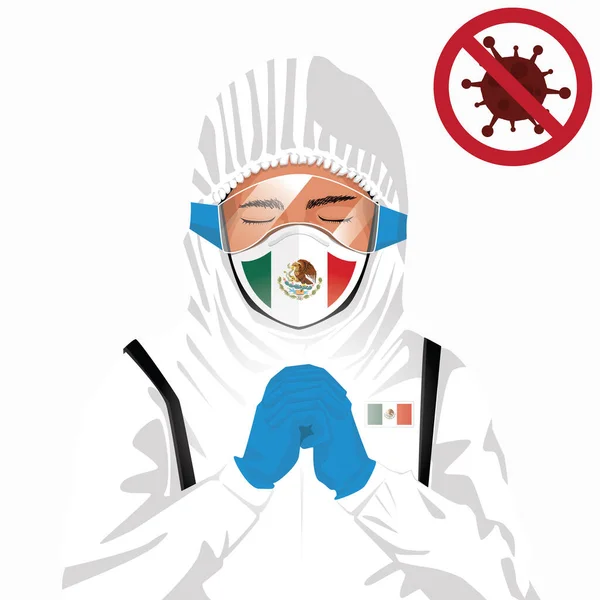 Covid 19またはコロナウイルスの概念 メキシコの医療スタッフは防護服を着てマスクを着用し メキシコで発生したCovid 19ウイルスに対する祈りを捧げている メキシコ人とメキシコ人の旗 流行性コロナウイルス — ストックベクタ