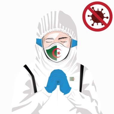 Covid-19 veya Coronavirus konsepti. Cezayirli tıbbi personel koruyucu giysiler içinde maske takıyor ve Cezayir 'deki Covid-19 virüs salgınına karşı dua ediyor. Cezayirli adam ve Cezayir bayrağı. Pandemik korona virüsü