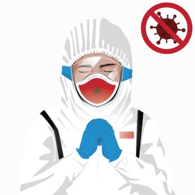 Covid-19 veya Coronavirus konsepti. Fas sağlık personeli koruyucu giysiler içinde maske takıyor ve Fas 'ta Covid-19 virüsü salgınına karşı dua ediyor. Faslı adam ve Fas bayrağı. Pandemik korona virüsü
