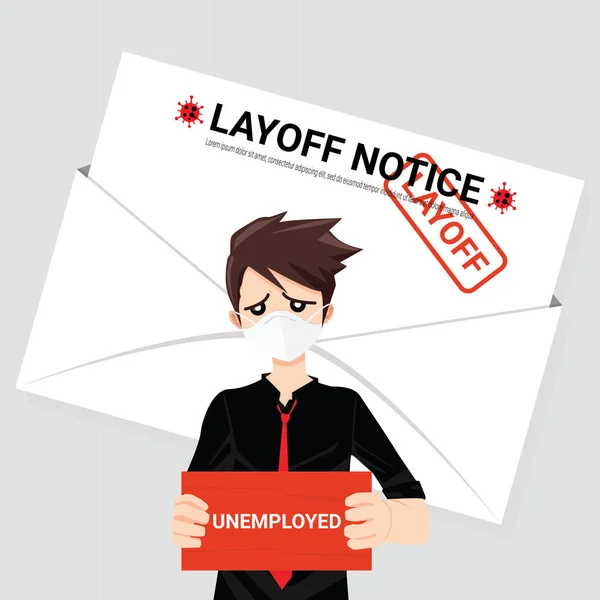 Empresario Triste Colgando Con Signo Desempleo Frente Notificación Despido Empleo — Vector de stock