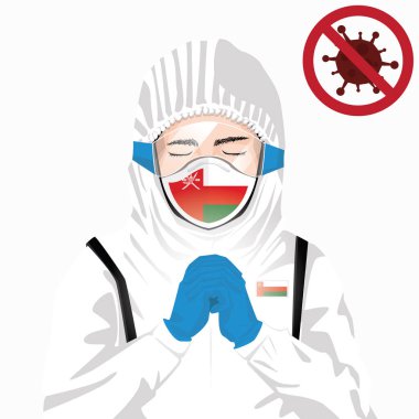 Covid-19 veya Coronavirus konsepti. Umman 'da koruyucu giysiler içinde maske takan ve Covid-19 virüsü salgınına karşı dua eden Umman sağlık görevlileri. Umman adam ve Umman bayrağı. Pandemik korona virüsü