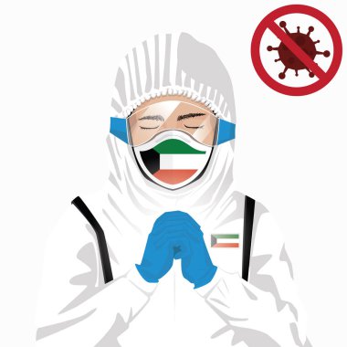 Covid-19 veya Coronavirus konsepti. Kuveyt sağlık personeli koruyucu giysiler içinde maske takıyor ve Kuveyt 'te Covid-19 virüsü salgınına karşı dua ediyor. Kuveytli adam ve Kuveyt bayrağı. Pandemik korona virüsü