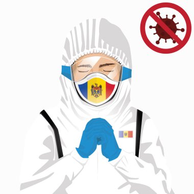 Covid-19 veya Coronavirus konsepti. Moldova sağlık personeli koruyucu giysiler içinde maske takıyor ve Moldova 'da Covid-19 virüs salgınına karşı dua ediyor. Moldova adamı ve Moldova bayrağı. Pandemik korona virüsü