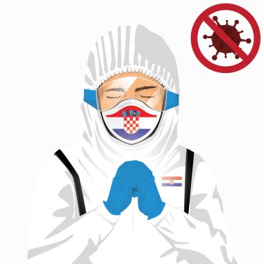 Covid-19 veya Coronavirus konsepti. Hırvat sağlık personeli koruyucu giysiler içinde maske takıyor ve Hırvatistan 'da Covid-19 virüs salgınına karşı dua ediyor. Hırvat adam ve Hırvat bayrağı. Pandemik korona virüsü