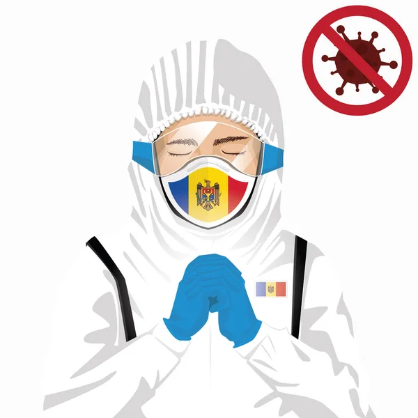 Covid 19またはコロナウイルスの概念 モルドバの医療スタッフは保護服にマスクを着用し モルドバで発生したCovid 19ウイルスに対する祈りをしている モルドバ人とモルドバ人の旗 流行性コロナウイルス — ストックベクタ