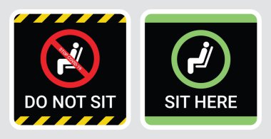 Lütfen burada oturup Coronavirus ya da Covid-19 salgınını önlemek için imza atmayın. Koltuk, koltuk, servis otobüsü, metro, demiryolu, tramvay, tren, kantin konsepti için mesafeyi 1,5 metre veya 2 metre tutun.