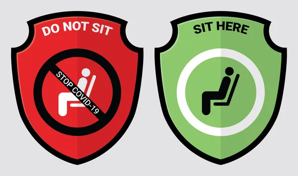 コロナウイルスやコビト19のパンデミックを防ぐためにここに座って座ってはいけません 距離を保つ6フィートまたは2メートル椅子 シャトルバス 地下鉄 トラム 食堂のコンセプトのための物理的な距離 — ストックベクタ