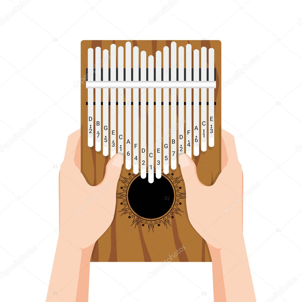 Kalimba a 17 key thumb Piano. Hands holding and play African musical instrument. Finger pocket portable piano. Vector cartoon flat style illustration isolated on white background
