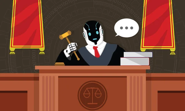 Robot Abogado Juez Sentarse Trono Sala Del Tribunal Humanoide Trabajando — Archivo Imágenes Vectoriales