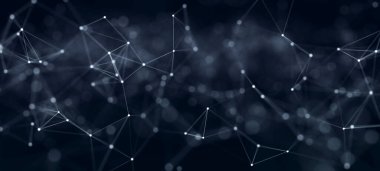 Ağ bağlantısı yapısı. Veri transferi. Noktalar ve çizgilerin birbirine bağlandığı soyut bir arkaplan. Üç Boyut