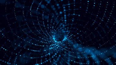 Parlak parçacıkların hareketleriyle soyut bir arkaplan. Dijital teknoloji. Üç Boyut