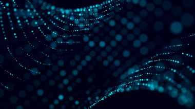 Parlak parçacıkların hareketleriyle soyut bir arkaplan. Dijital teknoloji. Üç Boyut