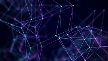 Ağ bağlantısı yapısı. Veri transferi. Noktalar ve çizgilerin birbirine bağlandığı soyut bir arkaplan. Üç Boyut