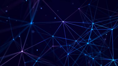 Renkli çizgiler ve noktaların iç içe geçtiği soyut bir arkaplan. Ağ bağlantısı yapısı. Bilgi alışverişi. 3B görüntüleme.