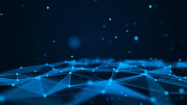 Soyut dijital arkaplan. Boşluk çokgen ve noktalarla dolu. Üç boyutlu dalga. Hazırlama.