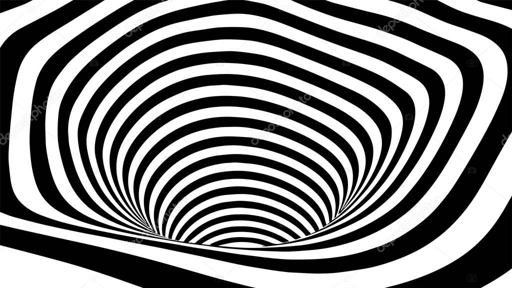 Black and white abstract wormhole. Optical illusion. Vector illustration. 3D tunnel.