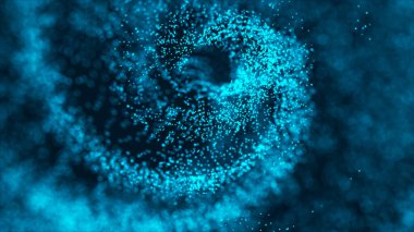 Parlak parçacıklardan oluşan bir kasırga. Fütürist dalgalar. Dijital arka plan. Üç Boyut