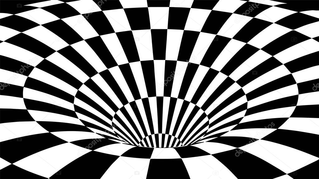 Black and white abstract wormhole. Optical illusion. Vector illustration. 3D tunnel.