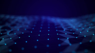 Soyut dijital arkaplan. Boşluk çokgen ve noktalarla dolu. Üç boyutlu dalga. Hazırlama.