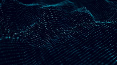Büyük veri görselleştirmesi. Müzikal müzik akışı. Noktalar ve çizgilerin birbirine bağlandığı soyut bir arkaplan. Üç Boyut .