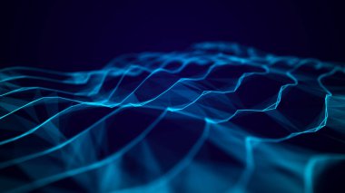 Soyut dijital arkaplan. Boşluk çokgen ve noktalarla dolu. Üç boyutlu dalga. Hazırlama.