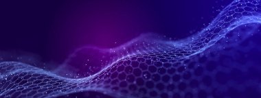 Büyük veri görselleştirmesi. Müzikal müzik akışı. Noktalar ve çizgilerin birbirine bağlandığı soyut bir arkaplan. Üç Boyut .