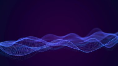 Büyük veri görselleştirmesi. Müzikal müzik akışı. Noktalar ve çizgilerin birbirine bağlandığı soyut bir arkaplan. Üç Boyut .