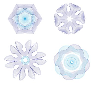 Vector guilloche rosette set in blue and ulyramarine colors.