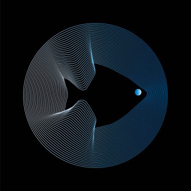 Guilloche blue logo of fish on black background.