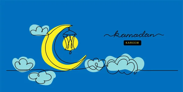 Ramadan einfacher, minimalistischer blauer Vektorhintergrund mit Laterne, Halbmond, Mond, Wolken. — Stockvektor
