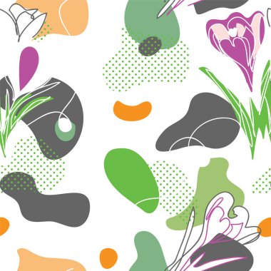 Crocus çiçekleri soyut arkaplan, tekstil deseni, ambalaj, bez, iz. Bahar çiçekleri Memphis stilinde modern vektör deseni.